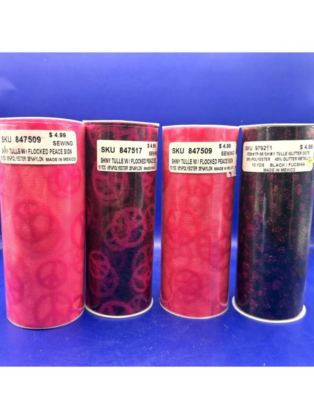 Pink Black Flocked Glitter Tulle Lot of 4 Roll Sewing Crafts Ribbon Hippie Peace